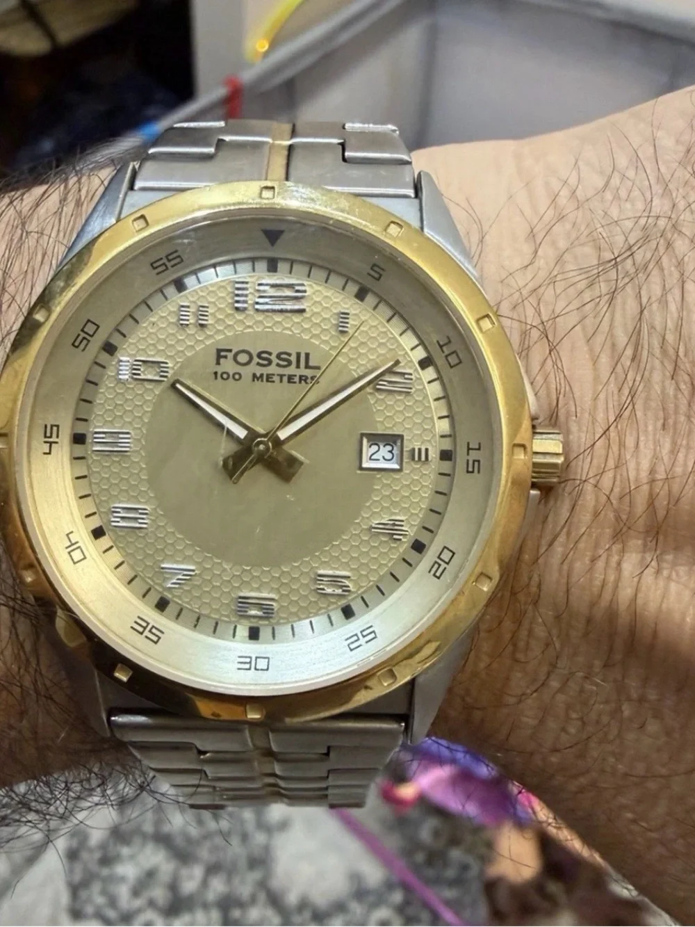 Fossil PR-5363 Men's Watch Two-Tone Gold Silver Stainless Steel Honeycomb Dial